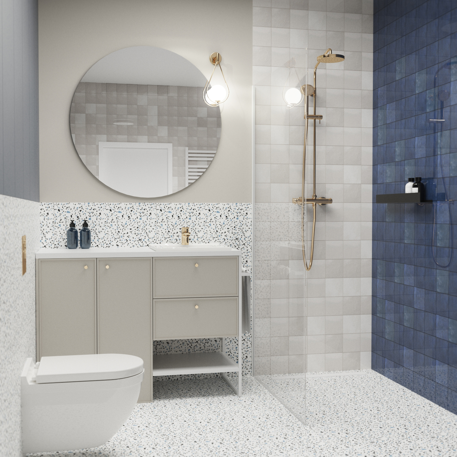 niebiesko beżowa łazienka_lazienka z prysznicem walk in_equipe