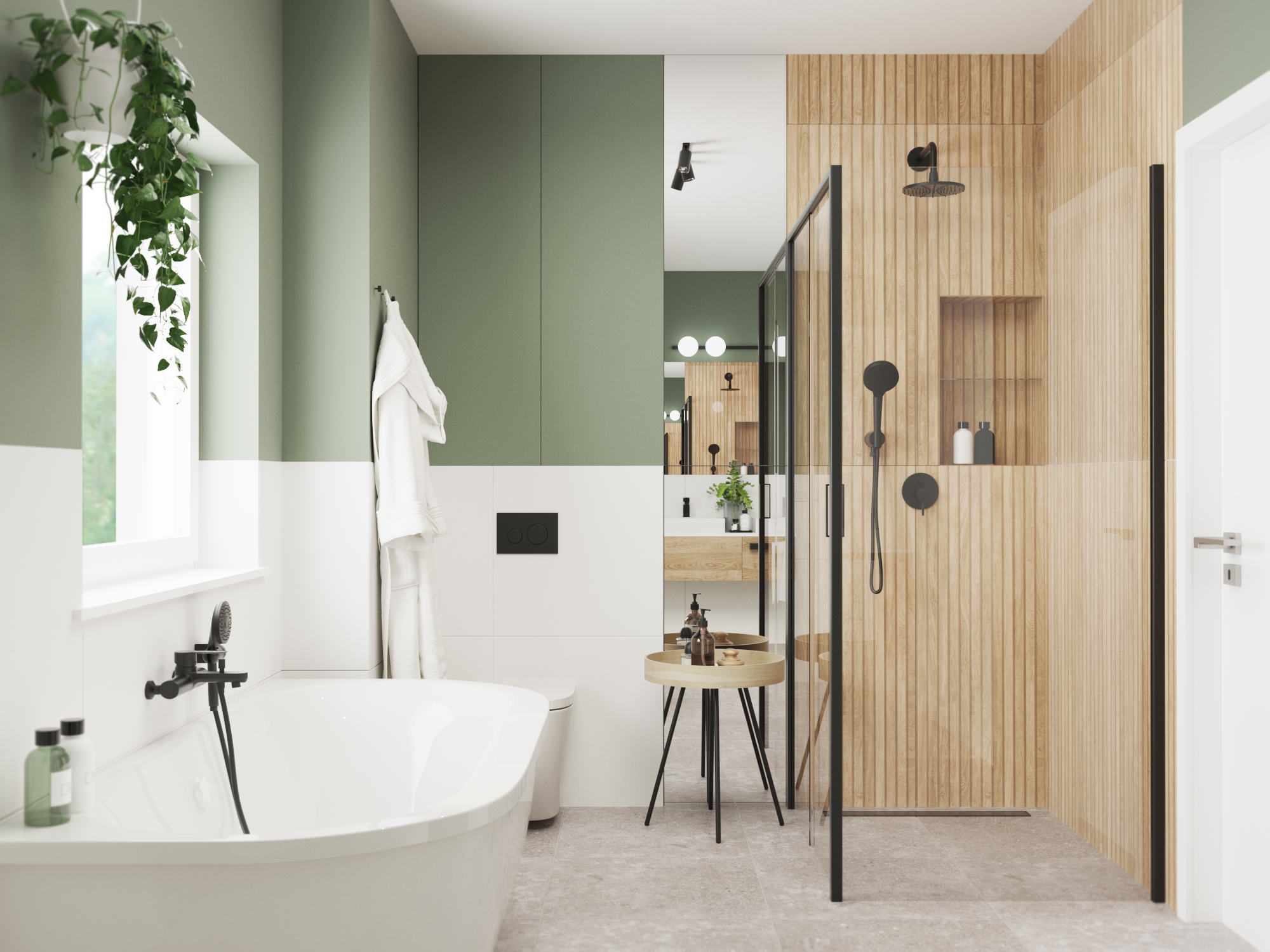 nowoczesna łazienka, zieleń w łazience_drewno w łazience_płytka drewnopodobna_Projekty wnętrz Wrocław_projekty online